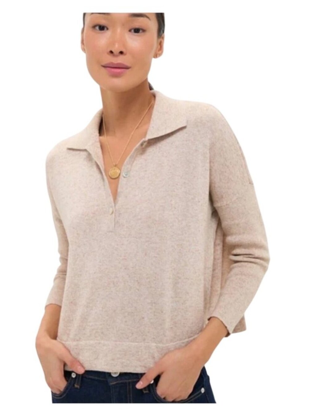 Tuckernuck Clayton Knit Polo Sweater M/L oatmeal heather Tan Linen Blend Boxy